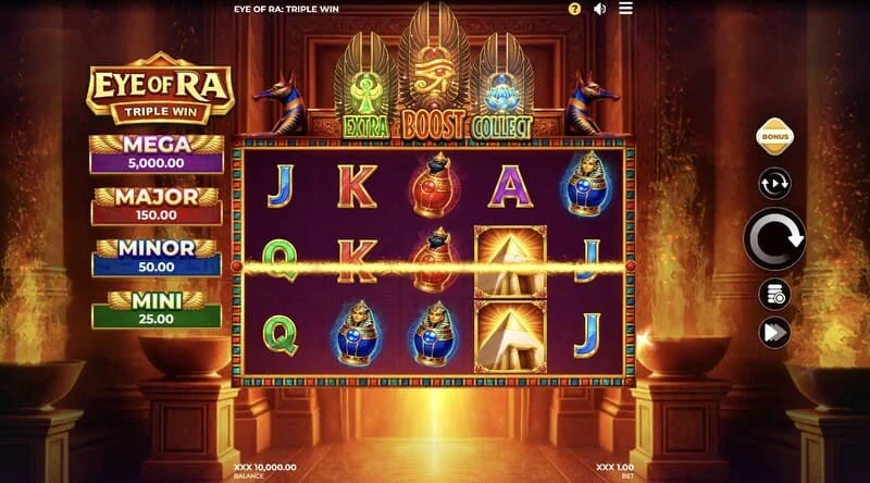 Eye of Ra Triple Win – hlavní herní obrazovka s pěti válci